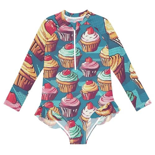 Girls One Piece Swimsuits Long Sleeve Swimsuit Zipper Bathing Suits Dessert Donuts Seweet Retro