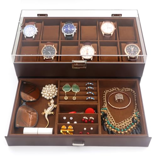 KLOUD City 12-Slot Watch Box with Lockable Drawer Acrylic Display Lid | Velvet Organizer for Luxury Watches, Jewelry & Eyewear (brown-KC-W3007)