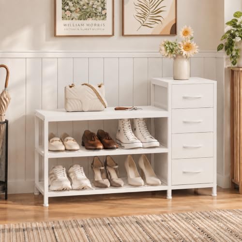 Image of EXOTICA Industrial Shoe Storage Bench with 4 Drawers & Seat, White