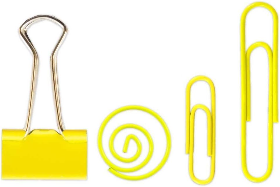 JAM PAPER Office Clip Assortment - Yellow - (1) Binder Clips (1) Round Paper Cloops and (2) Paper Clips (Regular & Jumbo) - 4/Pack