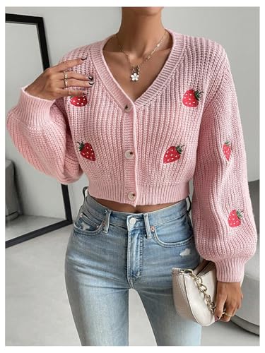 WDIRARA Women's Strawberry Embroidery Crop Cardigan Drop Shoulder Button Up Sweater Tops V Neck Outerwear3
