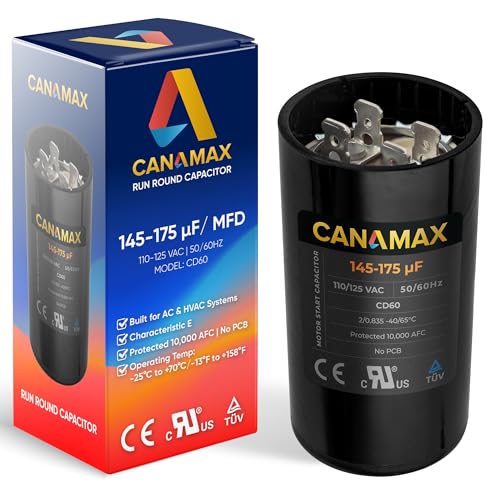 145-175 uf 145/175 MFD 50/60 Hz 110-125 VAC ±20% CD60 Volts Round Start Capacitor by Canamax - Universal Fit for Central Air-Conditioners, AC Motor Run, Fan Start and Cool or Heat Pump Air Conditioner