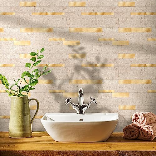 Homeymosaic 10-Sheets Backsplash Tile Peel And Stick On Kitchen Bathroom Fireplace Laundry Subway Stone Wall Tiles In Metal Gold Beige Roman Travertine #TOP1