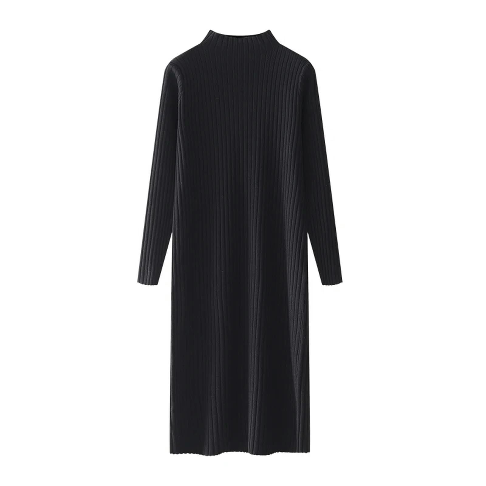 Vestito Donne Cadute Versatili Abiti da Maglia Mungiturante Inverno Strato Interno A Maniche Lunghe Abiti Casual Sciolti A metà Lunghezza-Nero-s