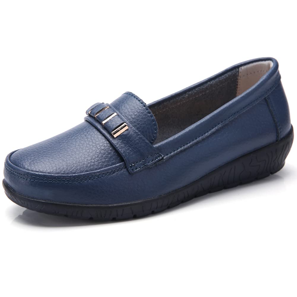 JeathFea Mocasines CláSicos De Cuero para Mujer Mocasines Casuales Antideslizantes Pisos Zapatillas De Oficina Zapatos para Mujer Antideslizantes para Caminar, Azul Marino, 40.5 EU