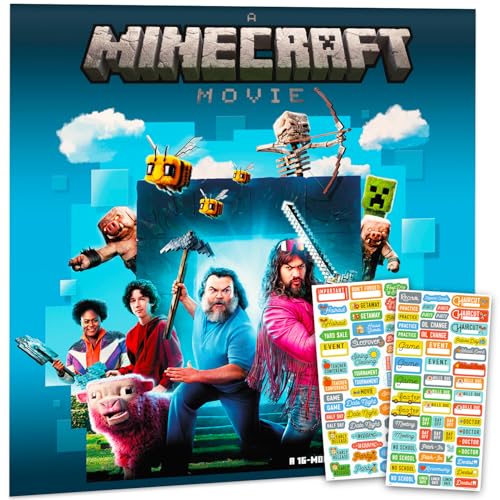 Minecraft Movie Calendar 2026 - Deluxe 2026 Minecraft Movie Wall Calendar Bundle with Over 100 Reminder Stickers Featuring Jack Black (Creeper and Enderman Gifts, Office Supplies)