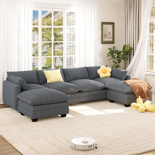 Xbro Canapé d'angle Modulable 319 cm 4 Places avec Repose-Pieds, Ensemble de 4 Pièces pour Salon, Double Coussin Moelleux, Assise Profonde et Large, Grand...