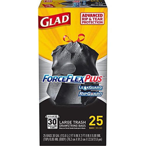 Image of Glad Trash Bags, Large Drawstring Garbage Bags‚ ForceFlexPlus 30 Gallon Black Trash Bag - 25 Count Each (Pack of 6)