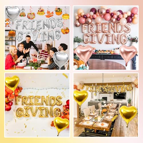 Image of Friendsgiving Balloons Friends Giving Party Decorations 16 Inches Tall Silver Heart Friendsgiving Foil Mylar Balloon Letter Banner for Fall Theme Thanksgiving Friends Party Backdrop Supplies