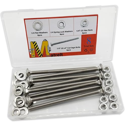 Image of 8 Sets 1 /4 inch-20 x4 Carriage Bolts Round Head Square Neck Screws with Hex Nuts Flat Washers Spring Lock Washers 304 Stainless Steel Full Thread Coverage Square Neck Bolts Assortment Kit