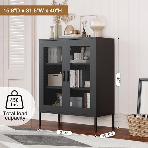 Black Metal Storage Cabinet,Metal Locker Storage Cabinet with 2 Mesh Doors and Adjustable Shelves,Kitchen Pantry Cabinets for Home,Sideboard,Living Room,Office(40" H) - Image 4