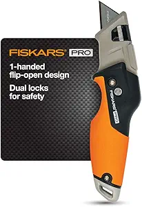 Fiskars 770030-1001 Utility Pro, Retractable Knife, Box Cutter, for Crafts, Work Gear, Moving, Folding, Orange/Black
