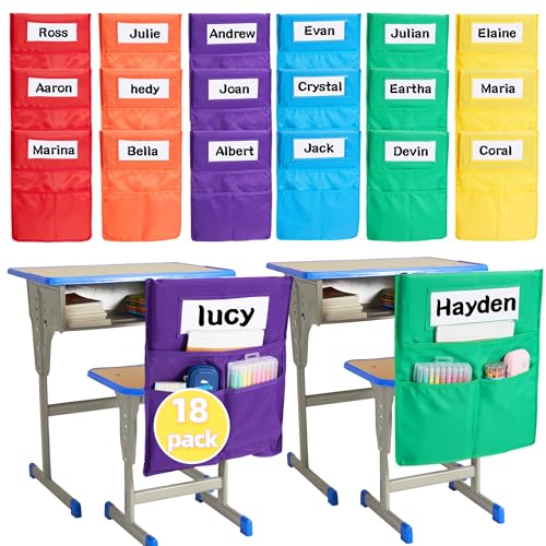 moopok Pacote com 12 gráficos de bolso Chairback Buddy, bolsos de cadeira para sala de aula com 3 bolsos e 1 etiqueta de nome de aluno, organizador de bolsos para cadeira