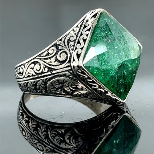 Men Handmade Ring, Square Emerald Stone Ring, Green Stone Ring, Engraved Sterling Silver Vintage Ring, Anniversary Gifts for Him2