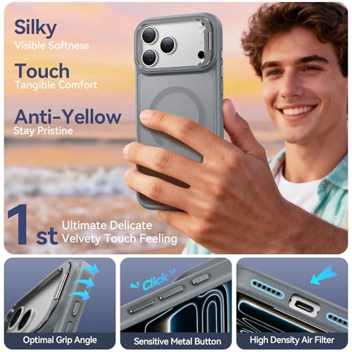 Image of for iPhone 17 Pro Case with Stash Lens Stand and 9H Screen Protector, Compatible with MagSafe, Military-Grade Drop Protection Magnetic Phone Case for iPhone 17 Pro, 360 Full Protection, Gray