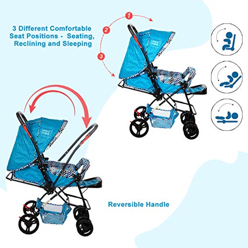 Image of Mee Mee Baby Stroller Pram 3 Position Seating Reversible Handle Fully Rotating Wheels for Newborn Baby /Kids, 0-4 Years, Light Blue
