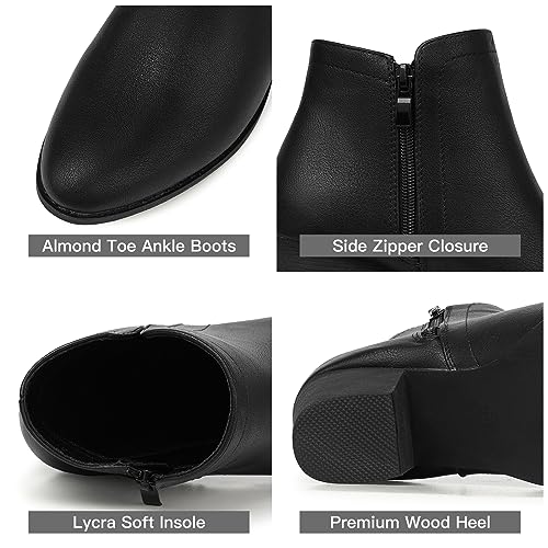 SHIBEVER Women's Ankle Boots Heel: Black Chunky Block Heels Slip On Almond Toe Boots Side Zip Leather Booties 104