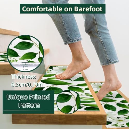 Tapis d'escalier antidérapants 15 pièces motif fleurs vertes pour stopper les glissades dangereuses
