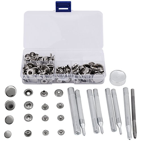 Set Bouton A Pression,40 Sets Snap Fastener Kit with Tool, Press Stud Snap Button for Leather Craft Jackets Bags Accessories Base Tools/Case(Silver)