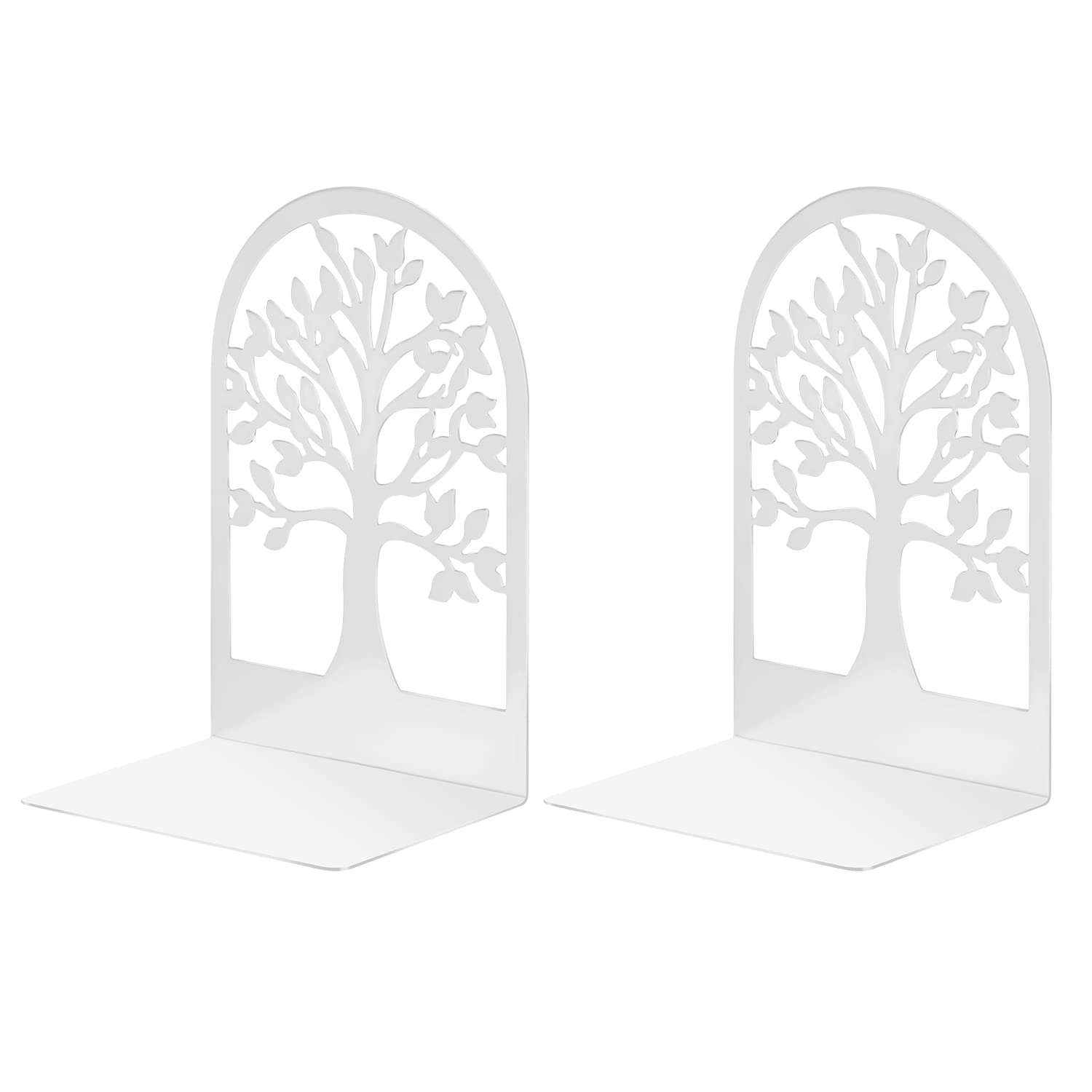 MSDADA 1 Par de Sujetalibros de Metal para Niños, Diseño de árbol de la Suerte, Antideslizante Estantería para Oficina y Escuela Decoración Día del Niño Regalo (Blanco)