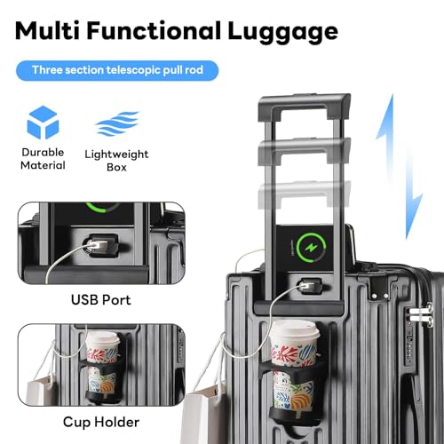 20Inch Carryon Luggage Carryon with CupHolder & USBPort, Hardside Smart Luggage with Airline Approved TSA Lock, Lightweight carryon luggage 21.6"x14.3"x9.4" airline approved 360° Spinner Double Wheels - Image 4