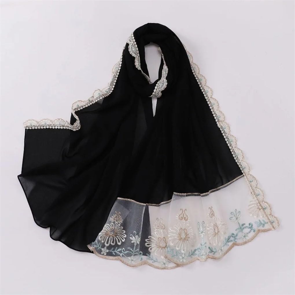 Bufanda de gasa de 70 x 175 cm, chal largo con encaje bordado floral para mujeres musulmanas musulmanas