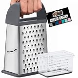 GORILLA GRIP® XL 4-Sided Stainless Steel Cheese Grater With Measurement Container, BPA-Free Box Grater, Slip Resistant Base, Grate Hard Parmesan, Shred Veggies, Zest Citrus, Dishwasher Safe, Gray