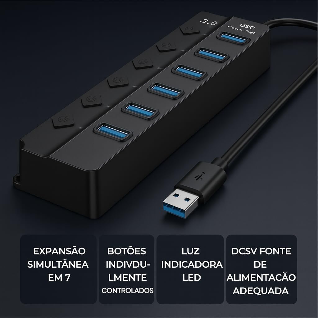 Hub USB 3.0 Com 7 Portas, Botões Individuais, LED, Alta Velocidade (5Gbps) Compatível Com PC Notebook TV Console Mouse PenDrive Teclado Impressora Acabamento Linha Premium