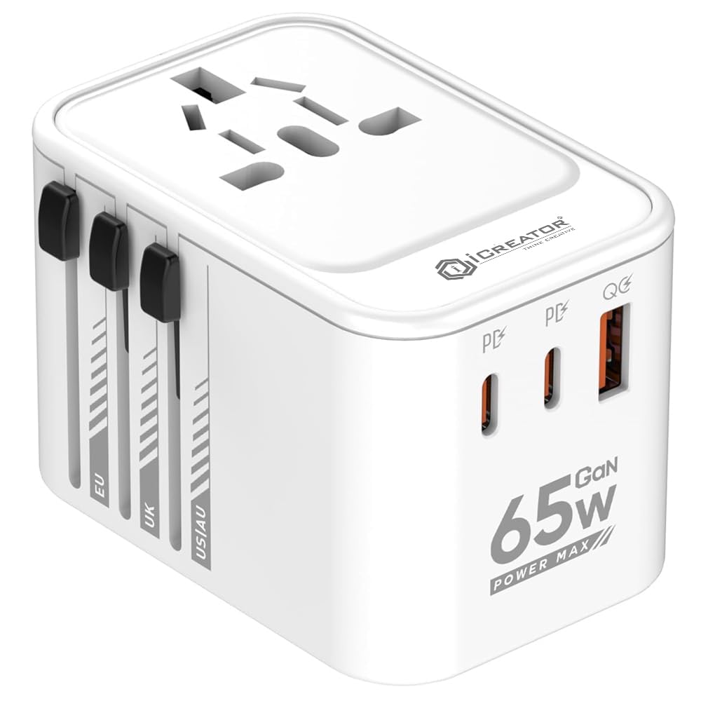 iCreator GAN 65w International Travel Adapter with 3 Port (2 Type C PD & 1 QC Super Fast USB) Multi Socket Plug, Compatible 200+ Countries Like US,UK,EU,AUS Worldwide Universal Adapter 2000w - White-image-9