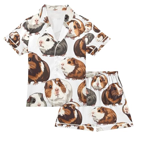 senya Funny Guinea Pig Satin Summer Pajama Sets Silk Short Sleeve Button Down Sleepwear