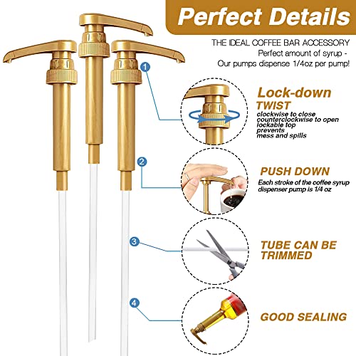 DupakSYS Premium 8 Packs Coffee Syrup Pump Dispenser, Fits 25.4 Oz/750ml Coffee Flavoring Syrup Bottles, No Dripping, Great for Home & Coffee Bar Drinking Mixes,Tea,Beverage,Plus Spoons(Gold,5.23")