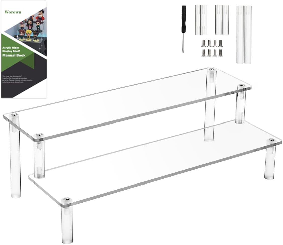 Worown Acrylic Riser Shelf, 2-Tier Clear Display Stand, Clear Display Riser Shelf for Cupcake, Trophy, Perfume, Figures, Cosmetics, Jewelry, Collections and Party Desserts