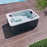 Kompakter 2 Personen Outdoor Whirlpool Hollywood Weiss mit 15 Düsen, Heizung, LED-Licht und Ozon-Desinfektion - ideal für Garten, Balkon (Dunkelgrau - Mit Thermoabdeckung & ohne Treppe)
