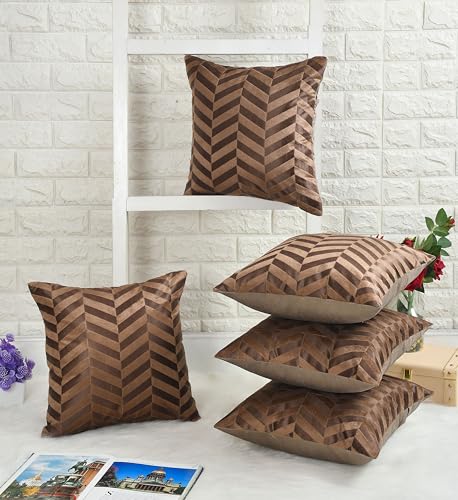 Image of TEXIVA Premium Velvet Cushion Covers Set of 5, 16x16 Inch Sofa Cushion Covers with Hidden Zipper, Modern Chevron Pattern - Brown