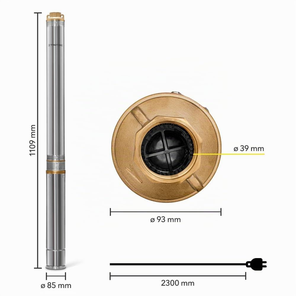 TROTEC Pompe de puits profonde TDP 7501 E - Pompe à eau avec débit 6000 l/h, 1100 W - Hauteur de refoulement 90 m, ø 8,6 cm, IP68 pour pompe, pompe en acier inoxydable