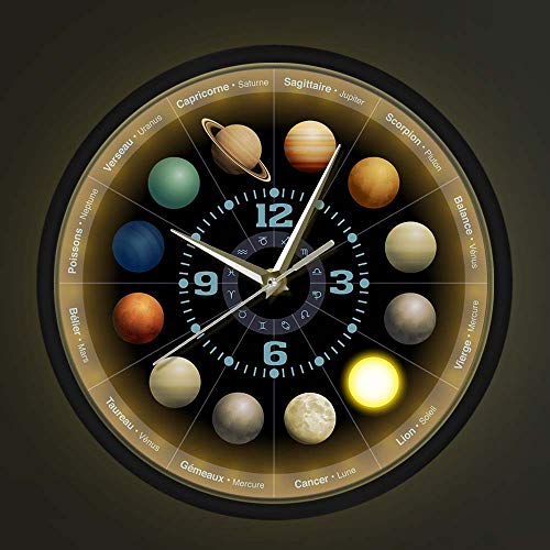 Geek Alerts Planets of Astrology Outer Space Wall Clock with Sound Activated LED Light Solar System Planets Astronomy Non Ticking Metal Frame Wall Watch Nursery Kids Room Decor