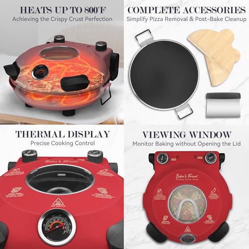 Image of Baker's Friend Electric Pizza Oven Indoor Countertop, 12 Inch Pizza Maker Machine for Home, Pizza Cooker & Pizza Grill, Premium Glazed Ceramic Stone Pizza Oven, Chilli Red