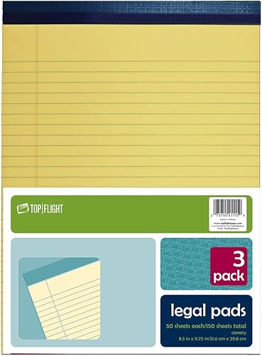 Top Flight Bloc legal, 8.5 x 11.75 pulgadas, regla de 0.375 pulgadas, canario, 50 hojas por bloc, 3 almohadillas por paquete (4513108)