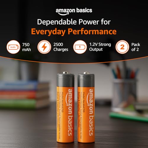 Image of Amazon Basics AAA Rechargeable 750 mAh Batteries | Ready-to-use | Pre-Charged Ni-MH Batteries (Pack of 2)