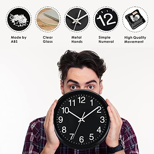 Plumeet Wall Clock, 10" Non Ticking Silent Quartz Black Wall Clocks, Battery Operated, Decorative Home Office School Clock (Black)