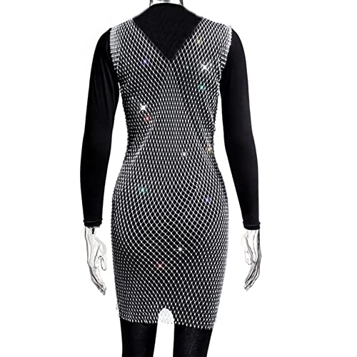 Leomoste LEYF-210733120S-01 Women Sexy Deep V Sparkly Rhinestone Sheer Mesh Fishnet Swimsuit Beachwear Bikini Swimwear Cover Up Clubwear Dress White thumb #5
