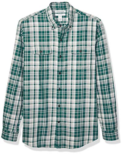 Amazon Essentials Men's Slim-Fit Long-Sleeve Twill Shirt, Green Heather Plaid, Large