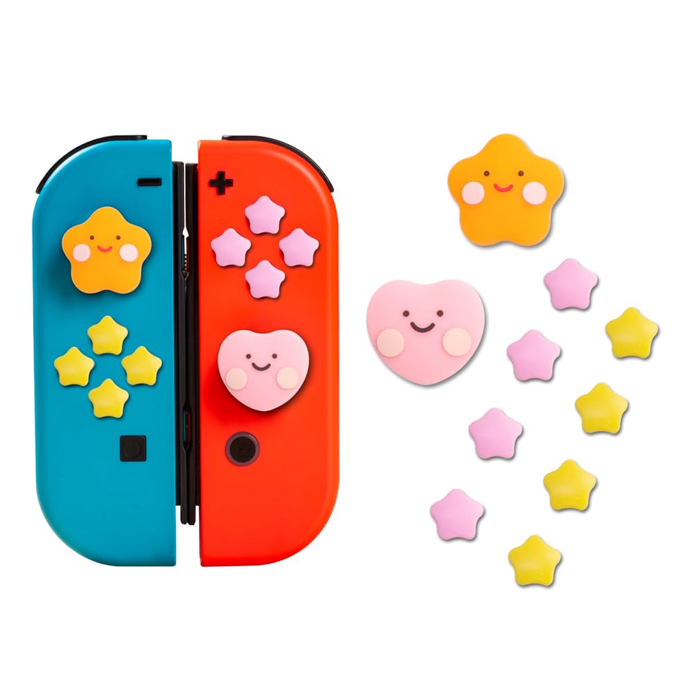 Cute D-Pad Button Caps Silicone Thumb Grips Set, ABXY Key Buttons Sticker Joystick Cover Caps Compatible with Nintendo Switch/OLED - Star+Heart