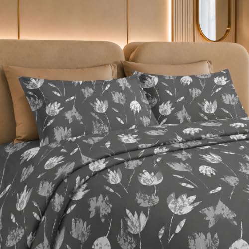 Image of Jaipur Weaves Cotton King Size Bedsheet 108x108 Super King, 100% Pure Cotton Bed Sheet with 2 Pillow Covers, 300 TC Soft Breathable Floral Design Bedding (Grey Tulips, Super King)