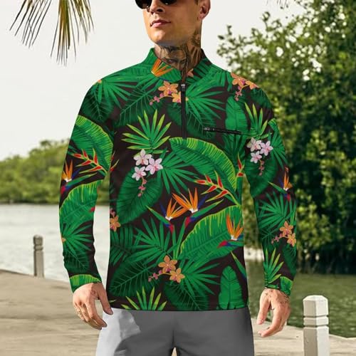 Tropical Jungle Floral Pattern Men's Rash Guard Long Sleeves Quick Dry Fishing Workout Shirts with Zipper2