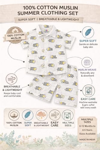 Image of Kuchipoo Boys 100% Muslin Organic Cotton Co-Ord Set | Printed Half Sleeve Shirt & Shorts | Soft Breathable Fabric | Casual Summer Wear | Boys Stylish Outfit