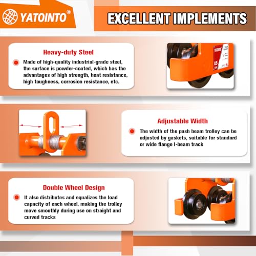YATOINTO 1/2 Ton 1100LBS Dual Wheels Beam Trolley, 3\"-5\" Adjustable I Beam Trolley, Push Manually Trolley Hoist with Dual Track Rollers, Push Track Roller Trolley for Lifting - Thumbnail 3