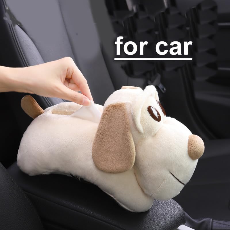 Multi Purpose Car Carrying Creative Cute Cartoon Plush Dog Tissue Box Storage for Home Decoration Table Store Bedroom (Beige)