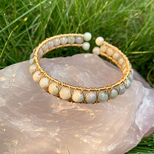 Handmade Genuine Jade Bracelet 14K Gold Filled Wire Wrapped, Feng-Shui Stone Chakra Healing Gemstone Crystal Beads Adjustable Bangle Cuff Jewelry Gift For Women Girls #TOP3