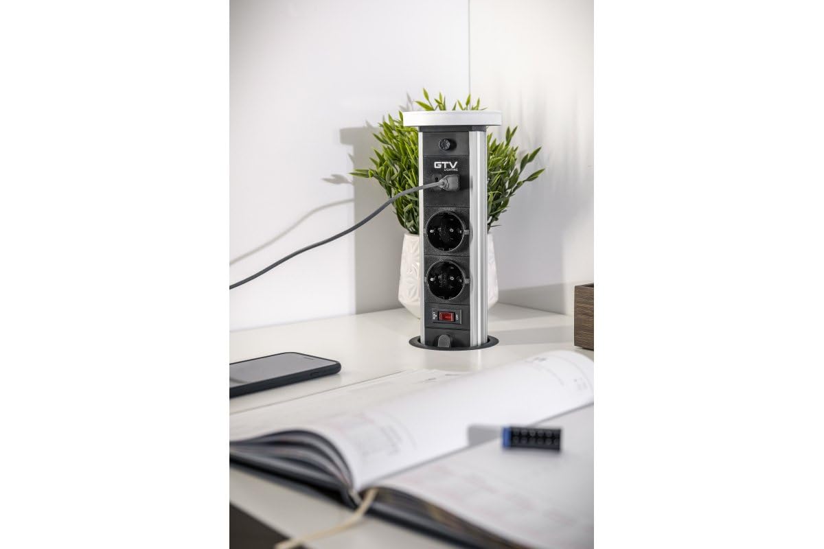 GTV Prise de table encastrable CAMINO 80 mm, 2 x français, USB-A+C, charge à induction 10 W, câble de 1,5 m, blanc - Solution parfaite pour les lieux de travail modernes